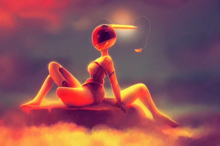 Image similar to a cute robot girl sitting on a cloud relaxing, red lighting, mist, digital art,