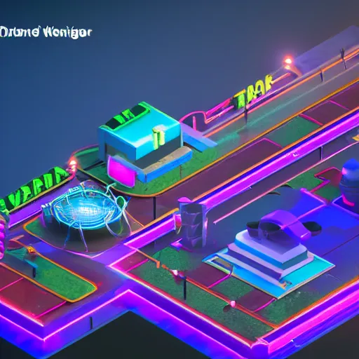 Image similar to isometric world on dark background, neon lights, video game, octane render, pixar style, unreal engine, dynamic light