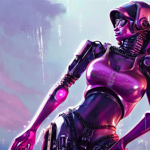 Image similar to highly detailed upper body portrait christina hendricks wearing shiny metallic pink plastic armor cyberpunk in gta v, stephen bliss, unreal engine, fantasy art by greg rutkowski, loish, rhads, ferdinand knab, makoto shinkai and lois van baarle, ilya kuvshinov, rossdraws, tom bagshaw, global illumination, radiant light, detailed and intricate environment