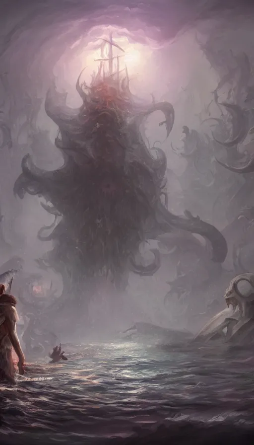 Prompt: man on boat crossing a body of water in hell with creatures in the water, sea of souls, by blizzard concept artists