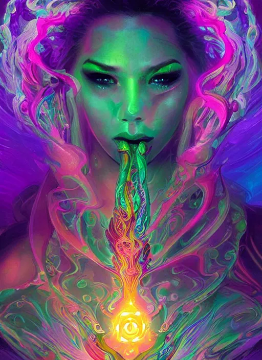 Image similar to psychedelic [ [ [ [ chemiluminescence ] ] ] ] elegant woman chakra spirit with smoke and fluid dynamics, colorful, psychedelic, ornate, intricate, digital painting, concept art, smooth, sharp focus, illustration, blacklight reacting, art by artgerm and greg rutkowski