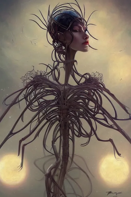 Prompt: portrait of an elegant alien spider queen, long legs, many legs, spindly legs, full body character concept art, by artgerm, tom bagshaw, gerald brom, vaporwave colors, lo - fi colors, vaporwave, lo - fi, moody vibe, goth vibe, 4 k, hd,