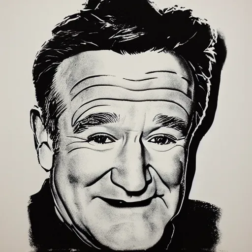 Image similar to silkscreen and lithography to create robin williams in the style of andy warhol