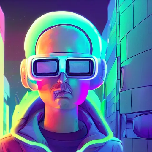 Image similar to cyberpunk rick and morty bot, cinema 4 d, galaxy space sci - fi, wearing vr goggles, illustration, portrait, pastel neon textured background night, trending on artstation, greg rutkowski, octane rendered, 1 2 k, detailed,