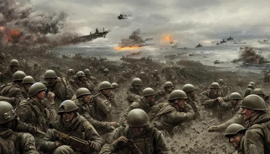 Prompt: Digital painting of D-Day in Normandy, hyperdetailed, artstation, cgsociety, 8k