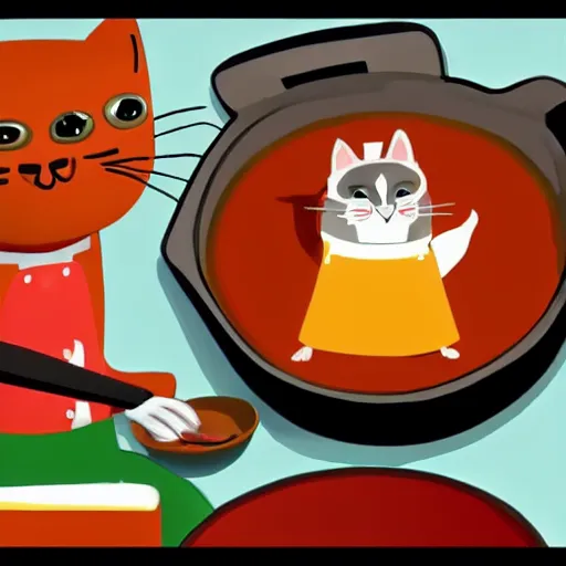 Image similar to anthropomorphic cat chef cooking a delicious colorful soup, digital painting, youtube video thumbnail