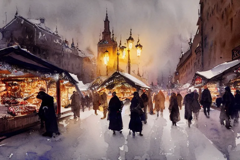 Image similar to abstract watercolor painting of stockholm street, magic diamond crystal winter, traditional christmas market, cinematic light, national romanticism by anders zorn, by greg rutkowski, by greg manchess
