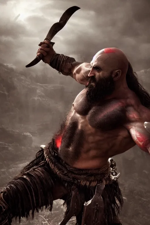 Image similar to film still from god of war, a highly detailed beautiful closeup photo of jason momoa kratos with long windblown wet hair holding a sword and fighting zombies on a pile of human skulls, spartan warrior, olympian god, muscular!,, action pose, ambient lighting, volumetric lighting, octane, fantasy