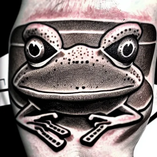 Prompt: “Frog with keyboard and VR set old school tattoo style”