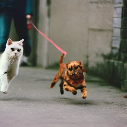 Image similar to a photo of a cat chasing a terrified dog, disposable film