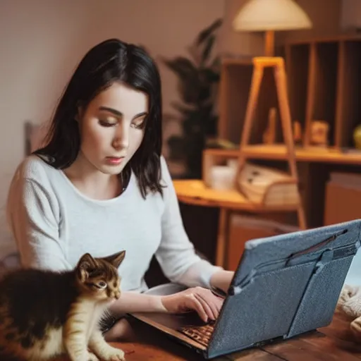 Prompt: Beautiful girl working on laptop at night in her room surrounded by 10 cute kittens