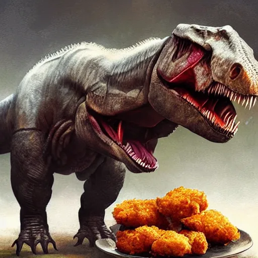 Prompt: portrait of a t-rex eating chicken nuggets,digital art,realistic,detailed,art by greg rutkowski