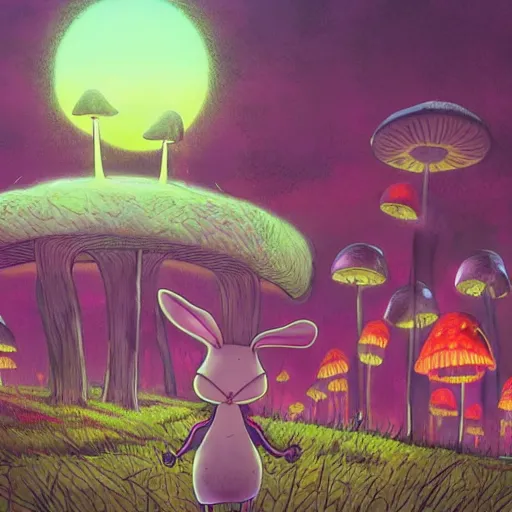 Prompt: 4 k headshot portrait of a psychedelic demonic anthropomorphic bunny rabbit with mushroom themed clothes, magic mushroom village in background. award winning, stylized neon, post - processing, masterpiece, superb resolution. in the art style of junji ito and greg rutkowski. detailed mushroom city in background. hyper realistic anime. perfect art. dalle 2