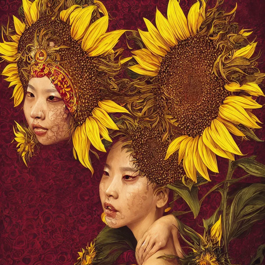 Image similar to Sunflower Chinese goddess-queen and her open third-eye, wearing an helianthus crown and a black brown and yellow dress, colourful, dark-red background, surreal, dramatic lighting, face, detailed, intricate, elegant, highly detailed, digital painting, artstation, concept art, smooth, sharp focus, illustration, art by Sam Spratt, Dan Mumford, Artem Demura and Alphonse Mucha