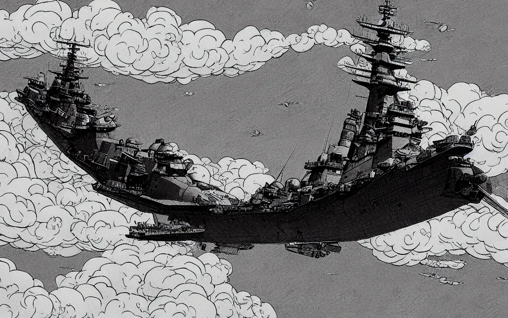 Image similar to japanese battleship yamato flying between the clouds, in the style of james jean and laurie greasley, dynamic composition, dramatic lighting, ultra detailed