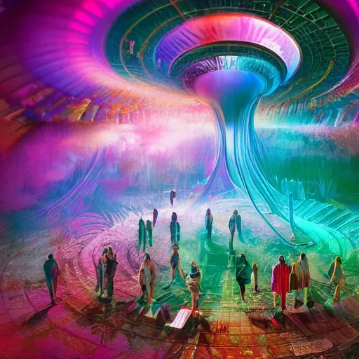 Prompt: a crowd of time travellers, futuristic indigenous fibonacci shamans landing to planet earth, suspended floating in sacred geometry space energy portals, by gregory crewdson, mandelbulb, vibrant colors, detailed, portrait photo, kodak ektachrom, fashion editorial