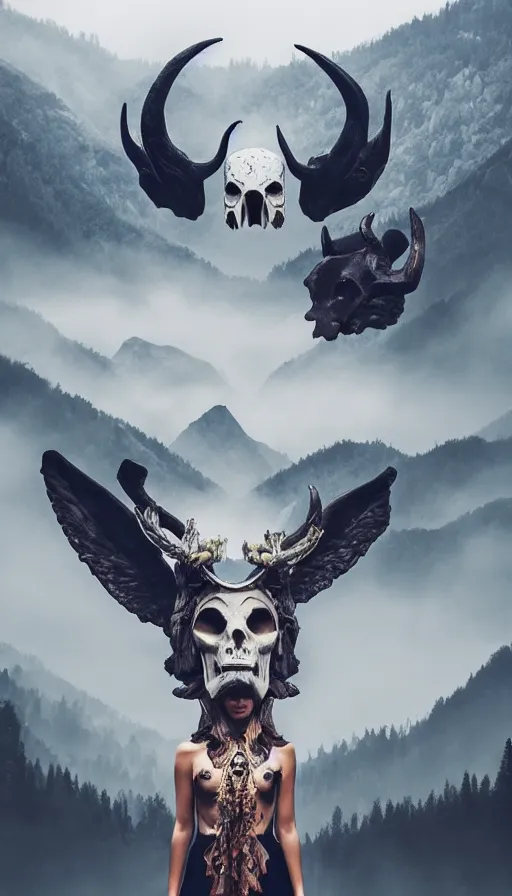 Prompt: gigantic goddess of wildlife wearing unknown animal skull mask with thousand horns looming over misty mountains forest