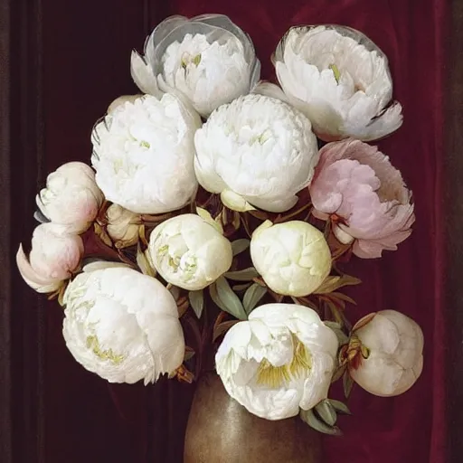 Image similar to atmospheric beautiful bouquet of white delicate peony in the sunny room of his beloved wife, wrote renaissance michelangelo