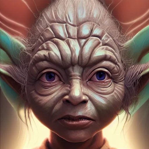 Image similar to yoda, female, jedi master, wearing the traditional jedi robe, beautiful and uniquely odd looking, detailed symmetrical close up portrait, intricate complexity, in the style of artgerm and ilya kuvshinov, magic the gathering, star wars art,