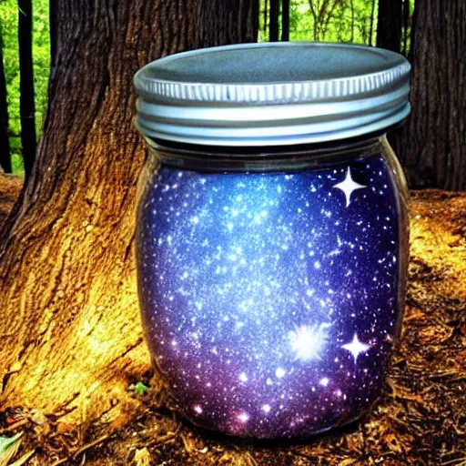 Image similar to galaxies contained in a jar in a forest