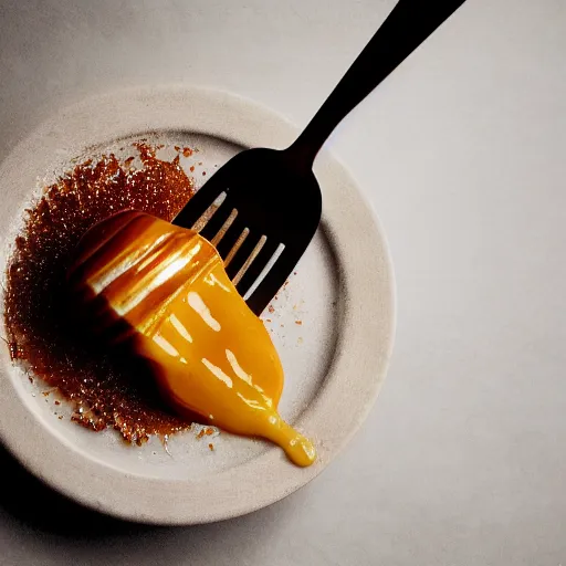 Image similar to a photorealistic fork covered in dripping honey, so much honey, professional food photography, Movie Still, Triadic color grading.