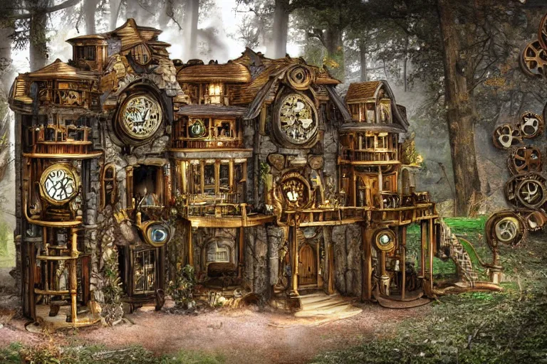 Prompt: photograph of a fantasy style woodland steampunk mansion with clockwork mechanic doors in an ancient forest