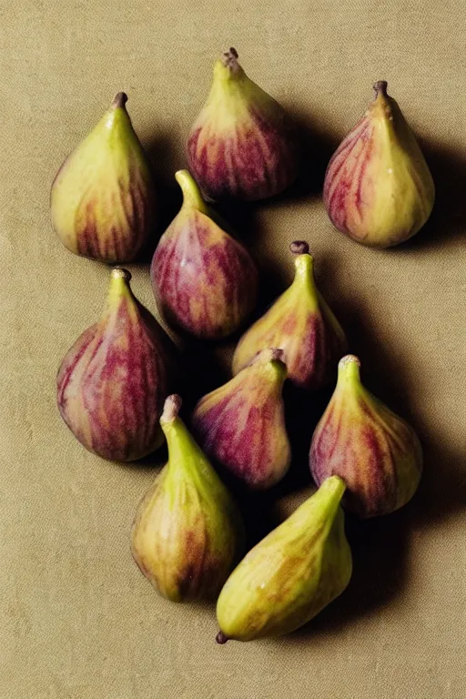 Prompt: Photo print of figs lying on a beige silk cloth, food photography, award winning, highly detailed, 4k, 1970s National Geographic.