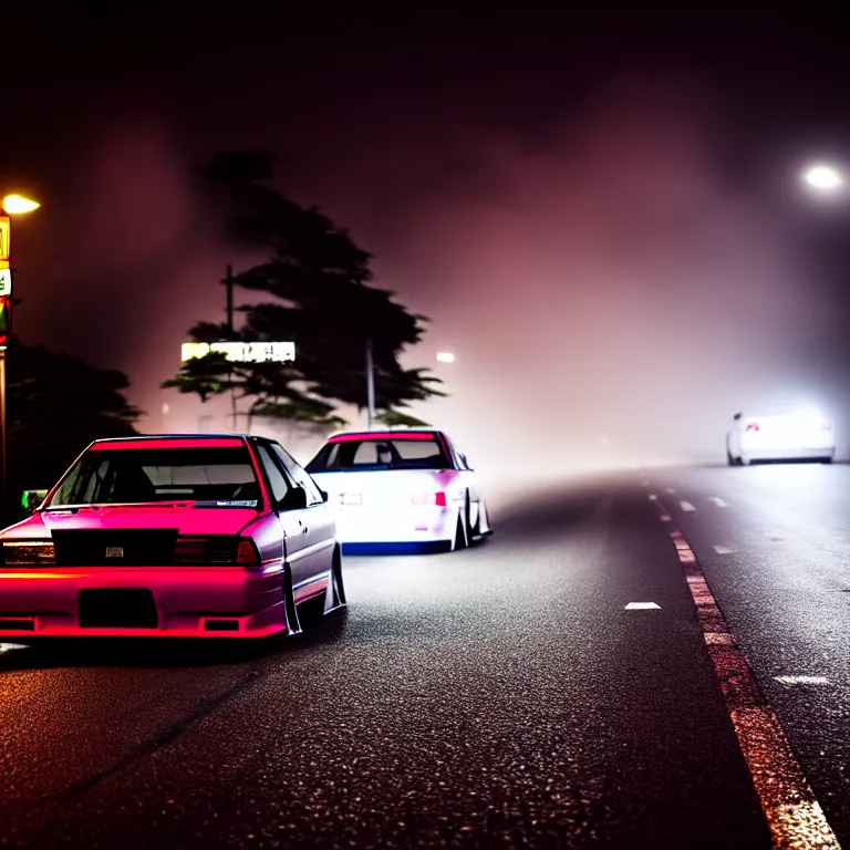 Prompt: close-up-photo JZX90 twin turbo drift middle of empty street, misty kanagawa prefecture, night, cinematic color, photorealistic, highly detailed,