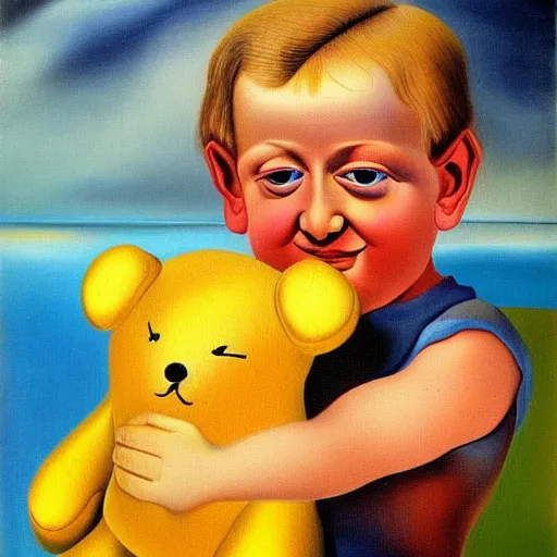 Prompt: a blonde kid squeeze hugging a plushy toy happily, oil painting by salvador dali