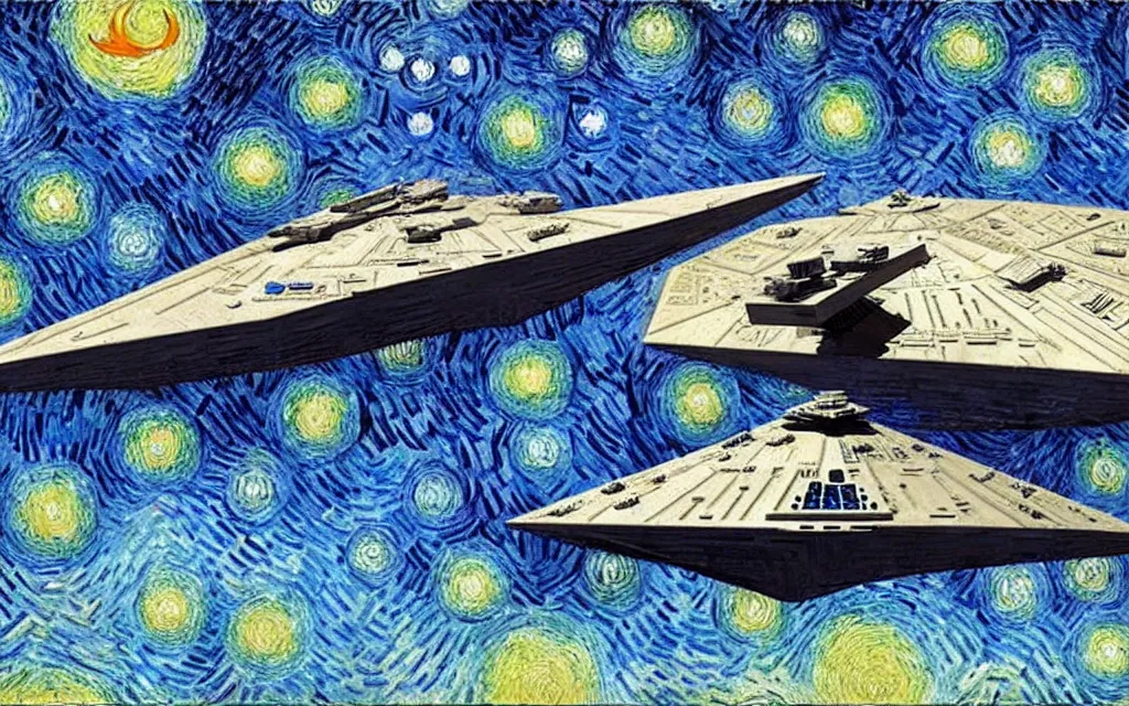 Image similar to star wars star destroyer from star wars flying between the stars inpainting in the starry night by van gogh