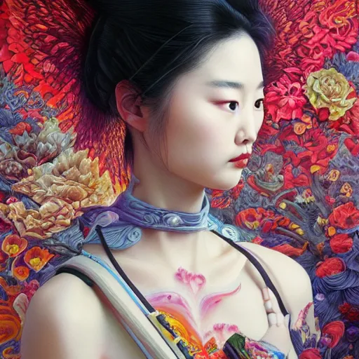 Image similar to portrait of liu yifei, hyper detailed masterpiece, neon floral pattern, jean giraud, digital art painting, darkwave goth aesthetic, psychedelic, artgerm, donato giancola and tom bagshaw