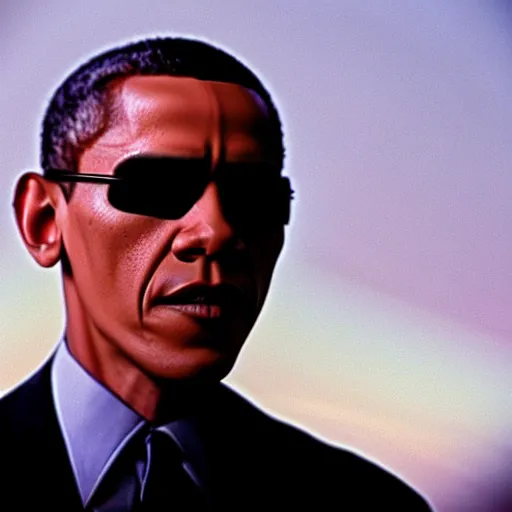 Image similar to a film still of Obama starring in The Matrix (1999), close up, portrait, shallow depth of field