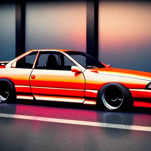 Image similar to a car Nissan Silvia at illegal car meet, Shibuya prefecture, city sunset, cinematic color, photorealistic, highly detailed