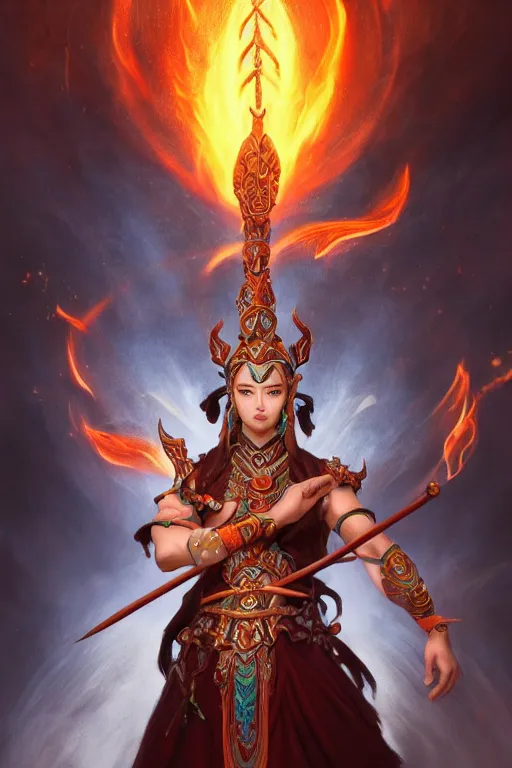 Image similar to a masterpiece portrait of nezha, legendary god holding spear, man, flame everywhere, epic pose, fantasy character portrait, closeup shot, hyper detailed, digital painting, 8 k realistic, trending on artstation, sharp focus, dof, by fenghua zhong, artgerm, ne zha from smite, jeff easley, raymond swanland