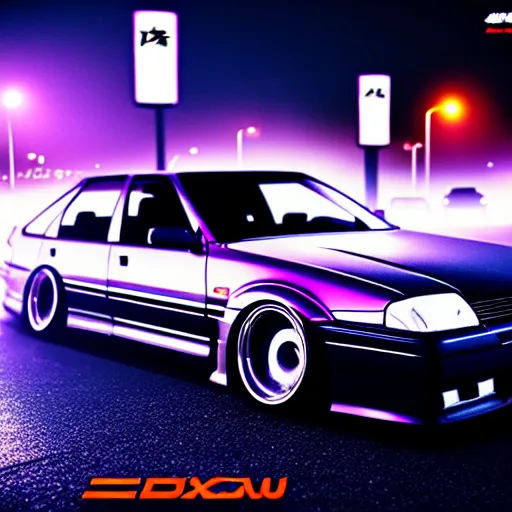 Image similar to a cyberpunk car JZX100 turbo at illegal car meet, Saitama prefecture, city midnight mist lights, cinematic color, photorealistic, highly detailed, 200MM