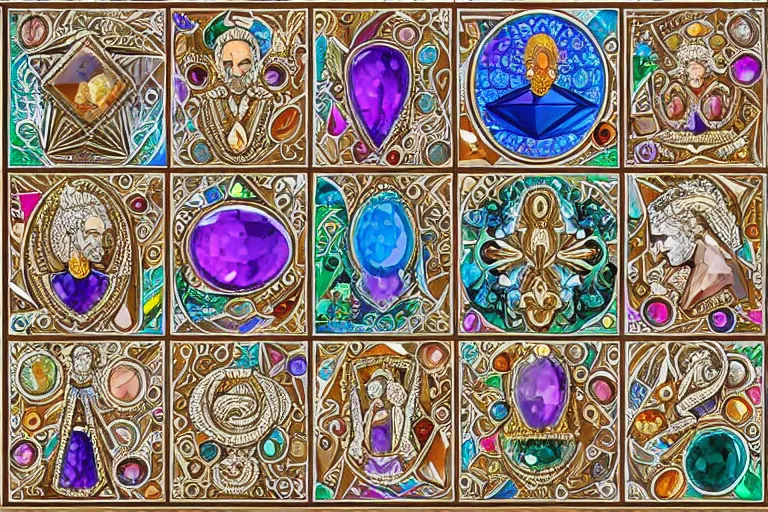 Prompt: illustration of design sheet of sets of various figures carved out of gemstones, prismatic colors, magic trinkets, ornate patterns