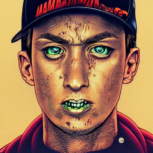 Image similar to portrait closeup of crazy eminem, symmetrical, by yoichi hatakenaka, masamune shirow, josan gonzales and dan mumford, ayami kojima, takato yamamoto, barclay shaw, karol bak, yukito kishiro