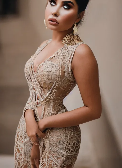 Image similar to portrait of demi rose wearing kebaya in java, by charlotte grimm, natural light, detailed face, beautiful features, symmetrical, canon eos c 3 0 0, ƒ 1. 8, 3 5 mm, 8 k, medium - format print, half body shot