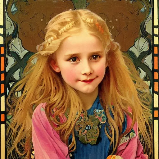 Prompt: a happy little girl with long straight golden blonde hair sitting amidst halloween decor, skulls and pumpkins. beautiful highly detailed face, beautiful painting by alphonse mucha and norman rockwell