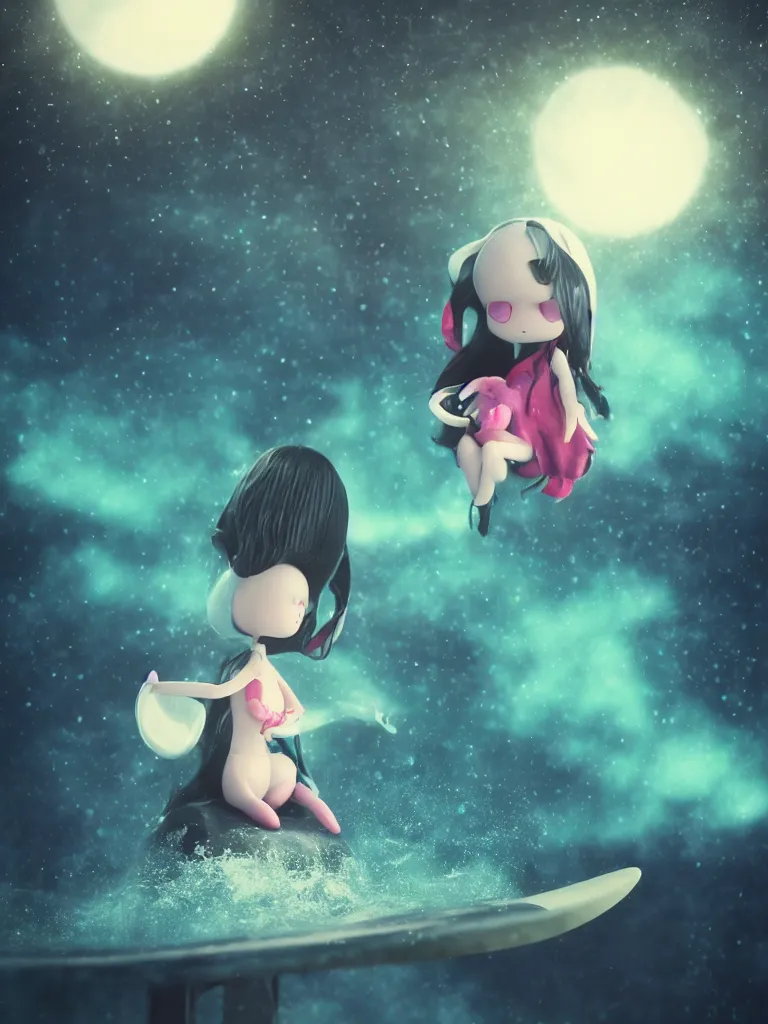 Image similar to cute fumo plush gothic maiden alien girl riding on a surfboard in the waves of the dark galactic abyss, splash, refractive optics, vignette, vray