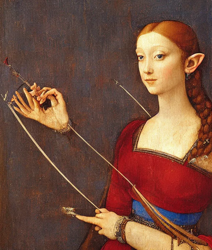 Prompt: oil painting half-length portrait of Princess Zelda holding a bow by Leonardo da Vinci