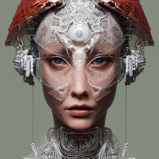 Image similar to portrait of an absurdly beautiful, graceful, sophisticated, fashionable cyberpunk mechanoid, hyperdetailed illustration by irakli nadar and alexandre ferra, intricate linework, white porcelain skin, faberge, coral headdress, unreal engine 5 highly rendered, global illumination, radiant light, detailed and intricate environment,