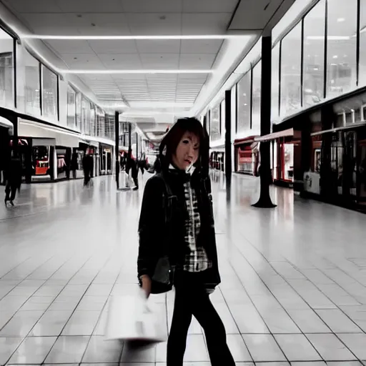 Image similar to a closeup portrait of woman walking in mall alone in style of 1990s, street photography seinen manga fashion edition, focus on face, eye contact, tilt shift style scene background, soft lighting, Kodak Portra 400, cinematic style, fish-eye camera, telephoto