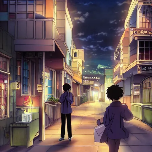 Image similar to key anime visual of a costal florida town at midnight, city streets vacant, very dark outside, black sky, modern anime style, official anime still