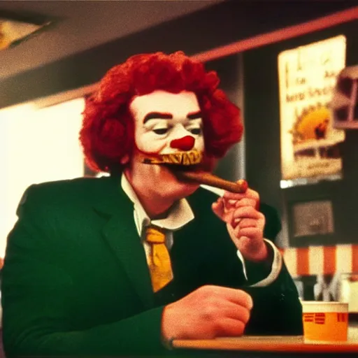 Prompt: A still of Ronald McDonald smoking a cigar in a diner from a gritty 1970s film directed by Martin Scorsese