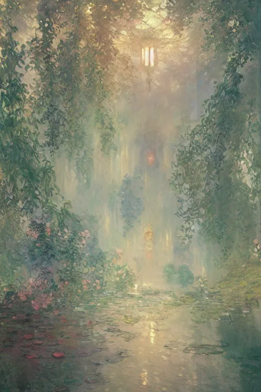 Image similar to a beautiful painting of an arboretum, rainy, gloomy, shimmering and prismatic, rococo, by krenz cushart and mucha and monet, trending on artstation.