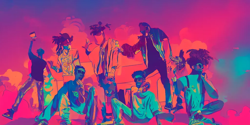 Prompt: millennial hipsters rapping in living room, epic pose, silhouetted, distinct, digital art, vaporwave, psychedelic hip-hop, surreal, trending on Artstation, detailed, 4k