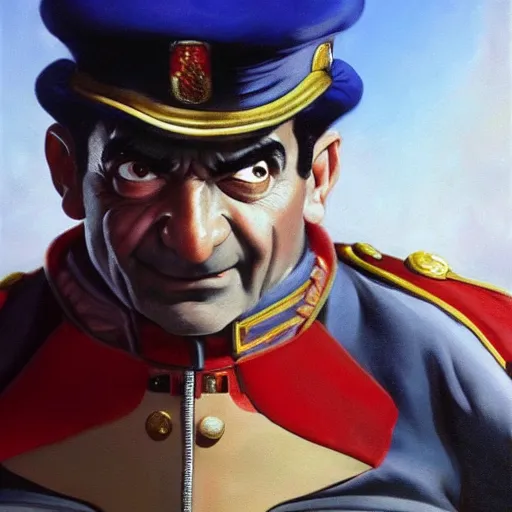 Image similar to ultra realistic painting of mr bean as m. bison from street fighter, art by frank frazetta, 4 k, ultra realistic, highly detailed, epic lighting