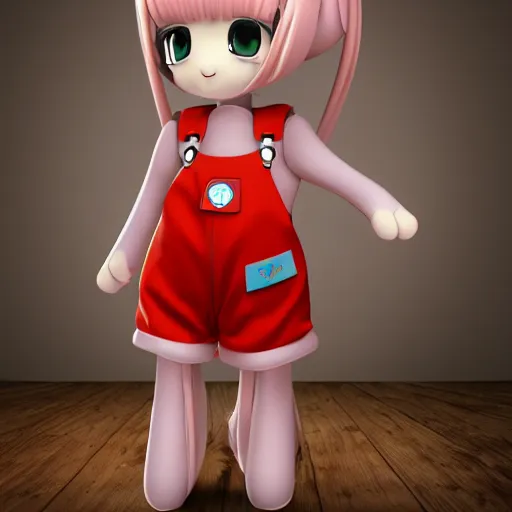 Image similar to cute fumo plush of an alien girl in shiny overalls, three point lighting, color contrast, vray