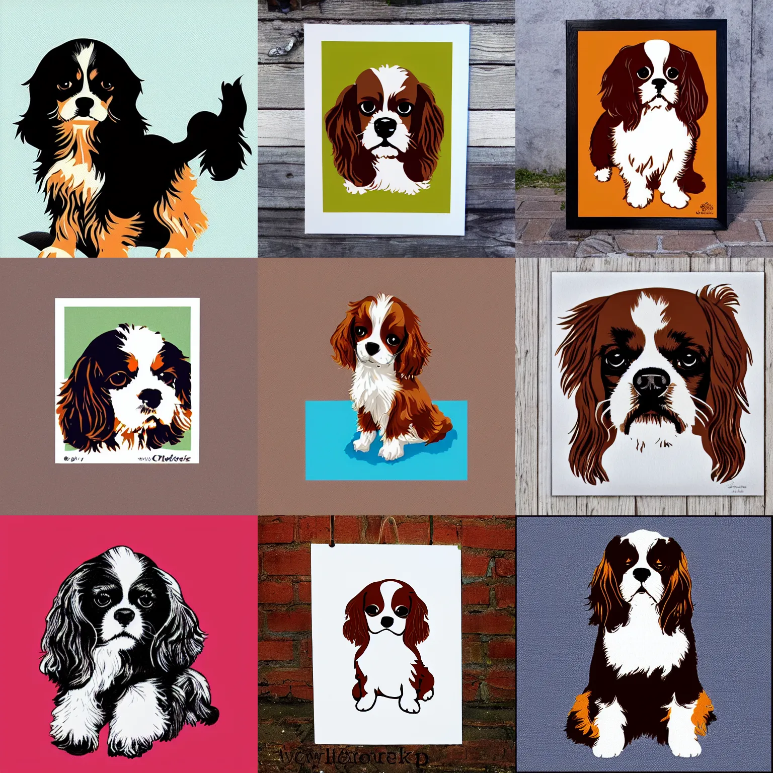 Prompt: fluffy cavalier king charles spaniel, color screenprint